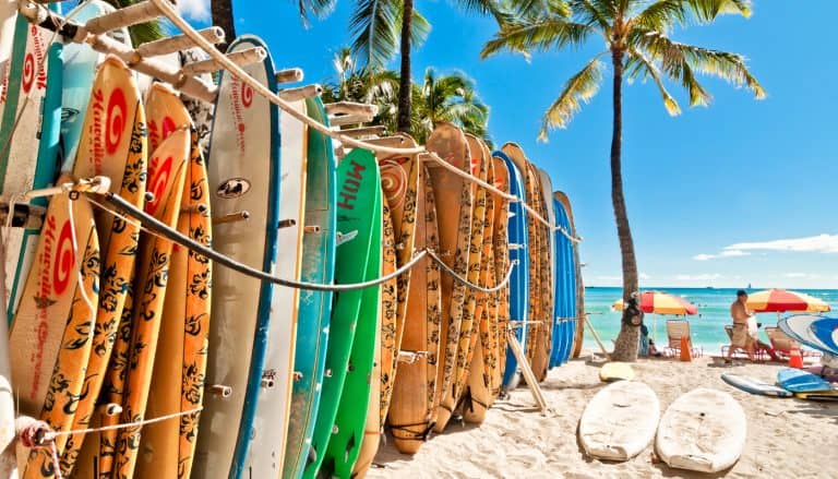 Surfboards lined up in the rack at famous Waikiki Beach oahu
