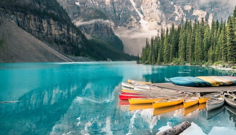 canoes at Moraine lake in Banff national park