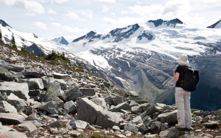 person exploring Glacier National Park in british columbia