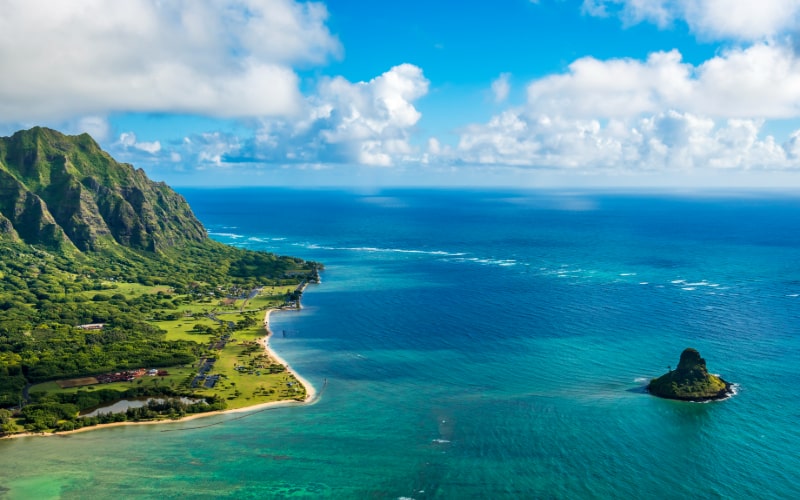 Aerial view of Kualoa Point and Chinamans Hat oahu