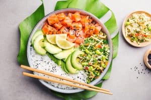 poke bowl with salmon and avocados