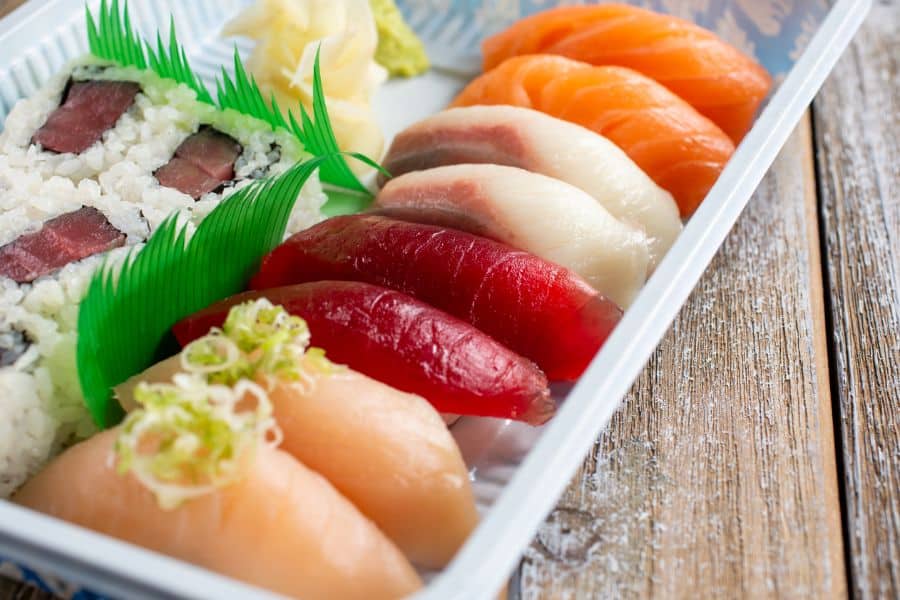 A view of a platter of assorted sushi nigiri