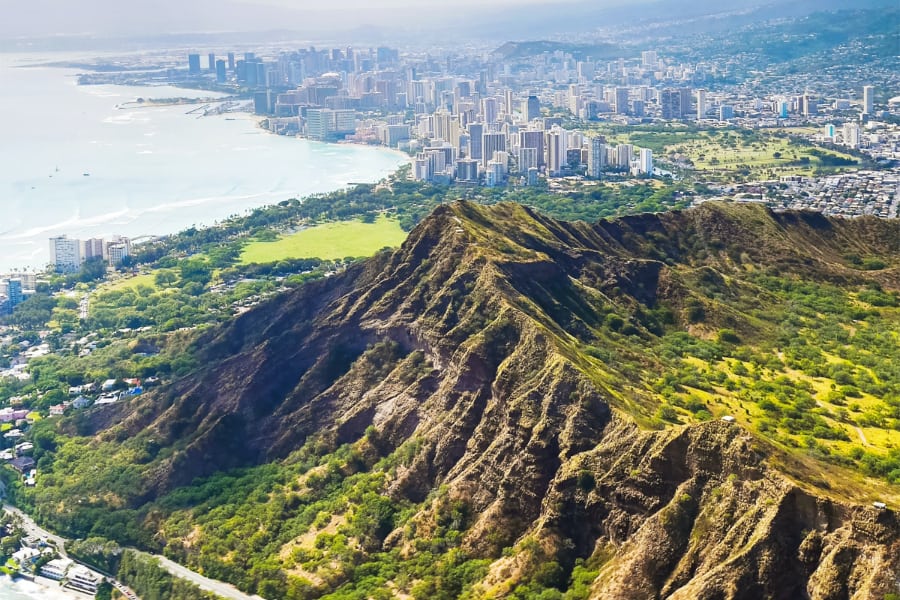 Aerial photography of the Diamond Head Crest with the skyline of Honolulu in the background