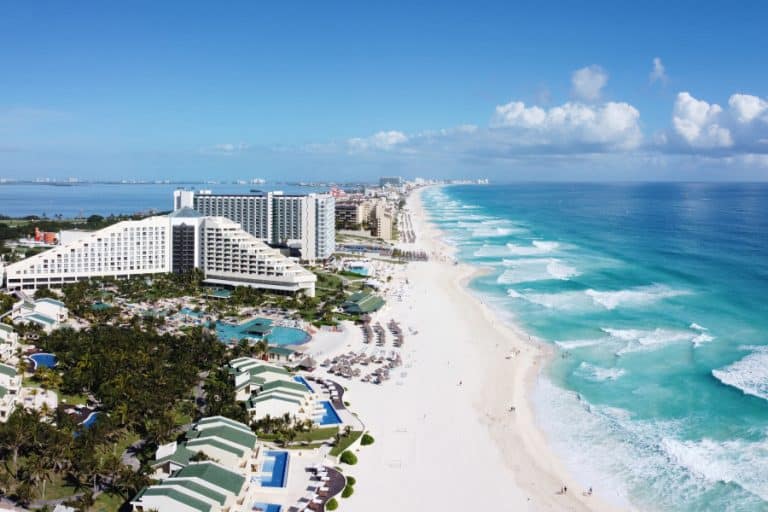 Cancun beach and Iberostar Selection Cancun Resort Seadust Cancun Family Resort panorama aerial view