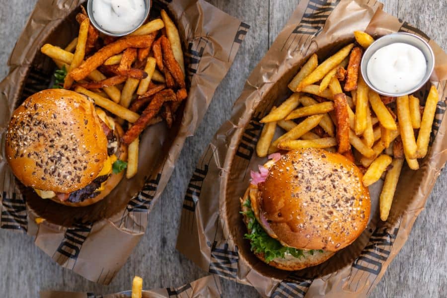 burgers and fries with dipping sauce sp