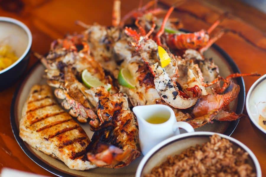 Grilled seafood platter on a table
