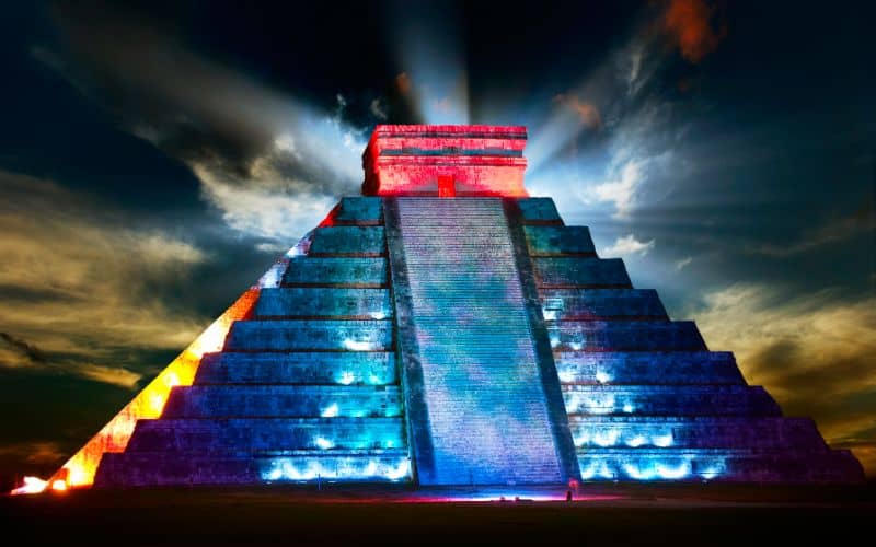 Chichen Itza Mayan Pyramid at Night