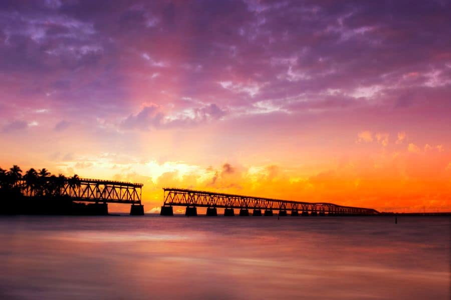 Florida Keys broken bridge at sunset or sunrise