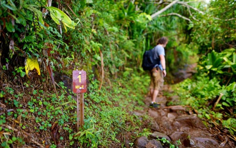 Tourist hiking on famous Kalalau trail kauai