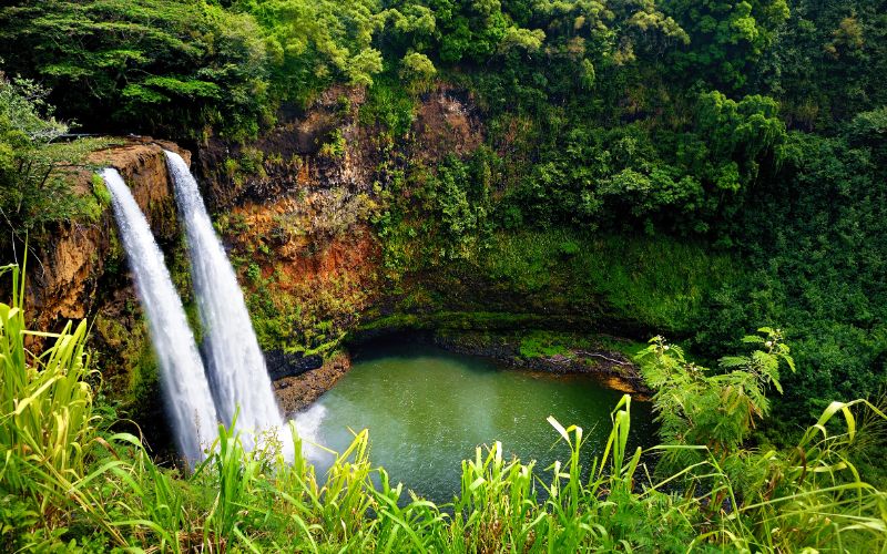 Twin Wailua waterfalls on Kauai