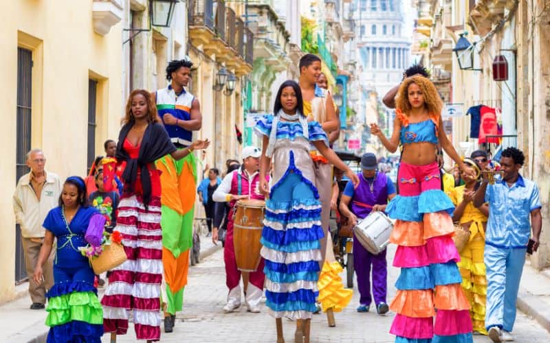 Musicians and dancers on stilts in Old Havana cuba