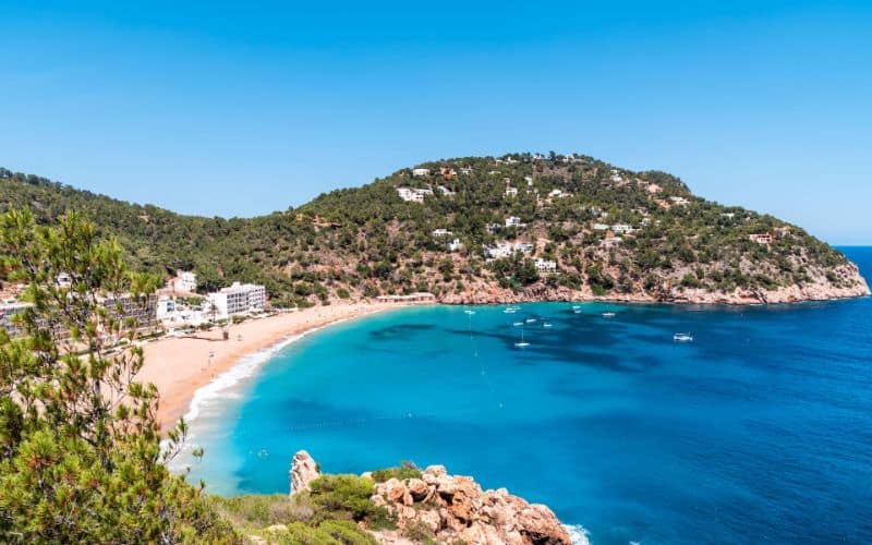 Beach landscape overlooking seaside resort in Ibiza