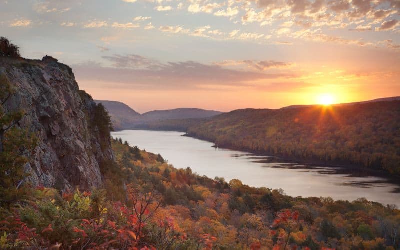 Lake of the Clouds Michigan in peak fall color at sunrise