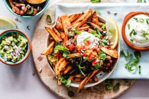 Loaded Sweet Potato Fries Bowl with guacamole sp