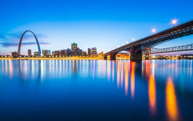 St Louis Missouri night skyline with gateway arch 