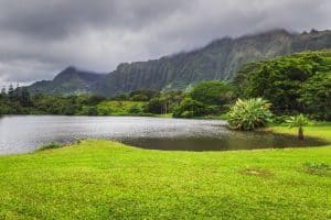 lake and mountains in Hoomaluhia botanical garden Oahu