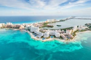 Aerial panoramic view of Cancun beach and city hotel zone in Mexico