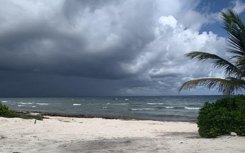 Storm clouds approaching beach in Cancun Mexico