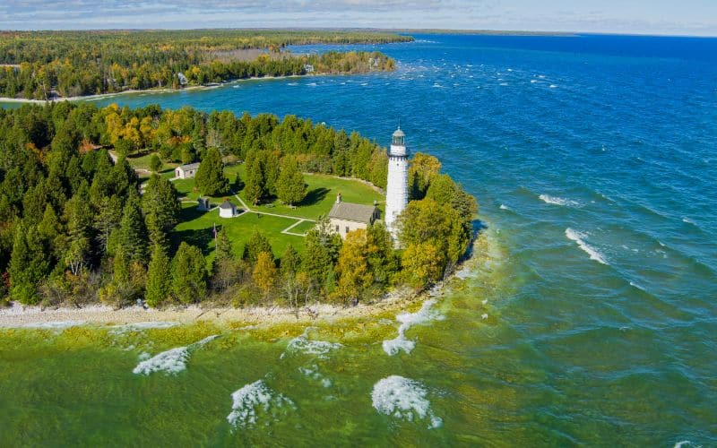 The famous Cana Island lighthouse located next to lake Michigan in Door County Wisconsin