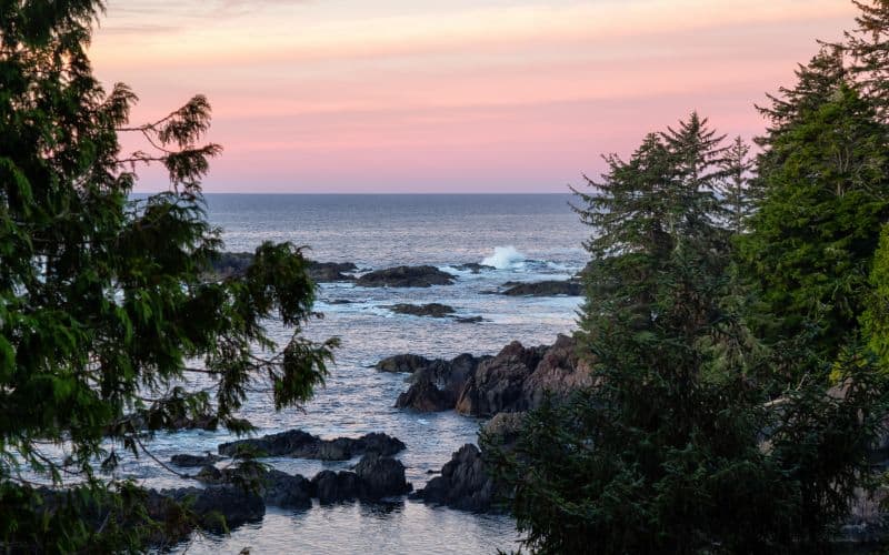 Wild Pacifc Trail Ucluelet Vancouver Island BC Canada Beautiful View of the Rocky Ocean Coast during sunrise