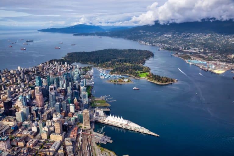 aerial view of canada place and downtown vancouver