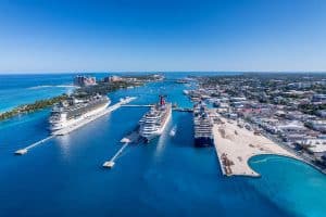 drone aerial view of Paradise Island and Nassau port Bahamas