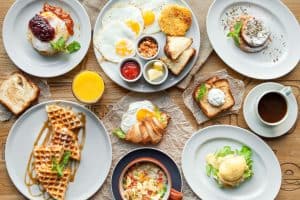 variety of classic brunch dishes on a table