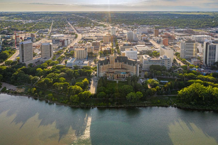 Downtown Aerial in Saskatoon with river view