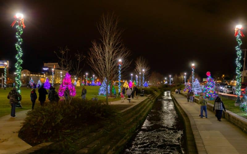 Founder's Park at night during the holiday season Johnson City TN