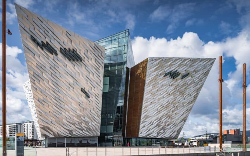 Rear view on majestic building of Titanic Museum located in the Belfast city