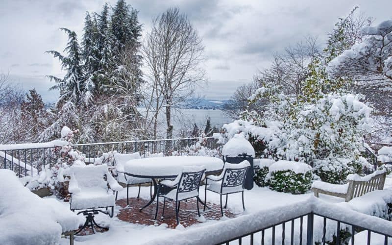 Snow blankets a backyard in Seattle