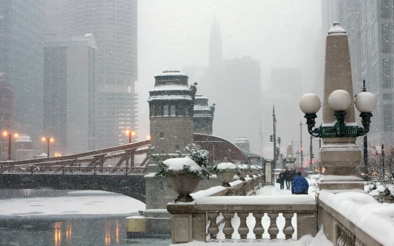 Snowing at Chicago River in Winter