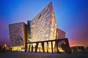 Sunset over Belfast Titanic Belfast Northern Ireland UK