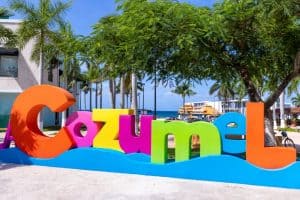 welcome sign at the central plaza of San Miguel de Cozumel