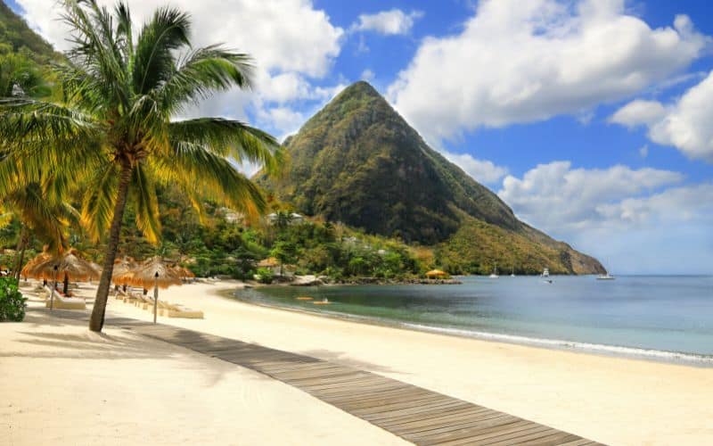 Beautiful white sand beach in Saint Lucia Caribbean Islands on a gorgeous sunny day