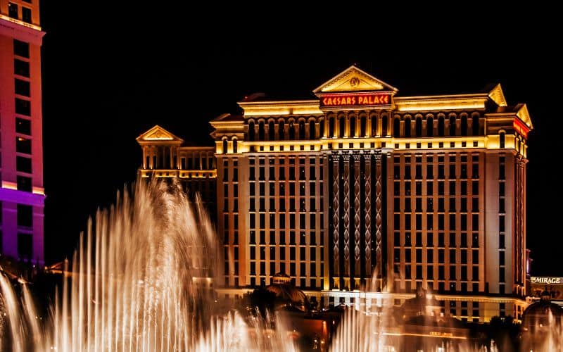 Caesars Palace Hotel behind the Bellagio fountains