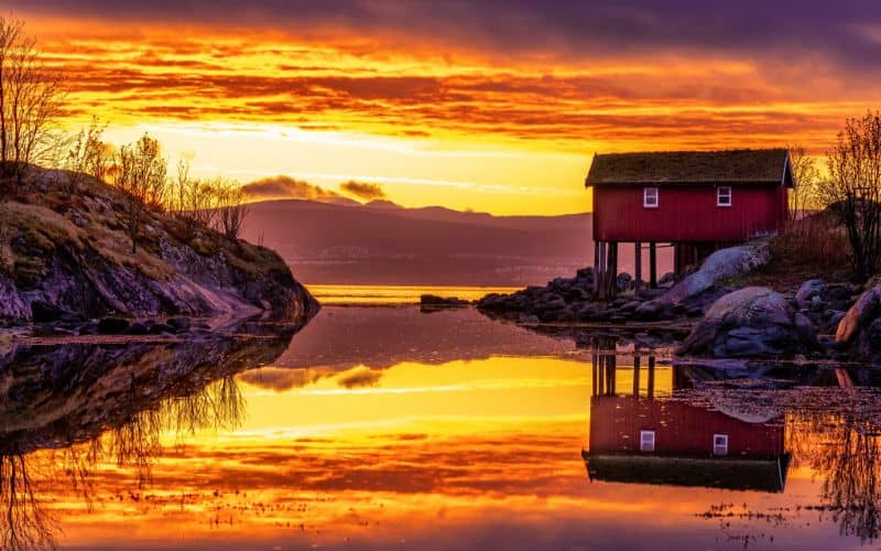 Midnight sun in Norwegian fjord Saltstraumen Norway