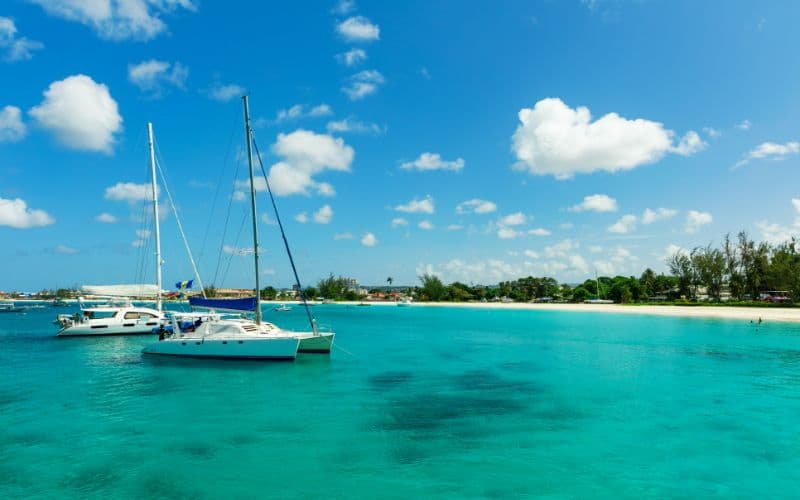 The tropical island of Barbados with blue water and yachts