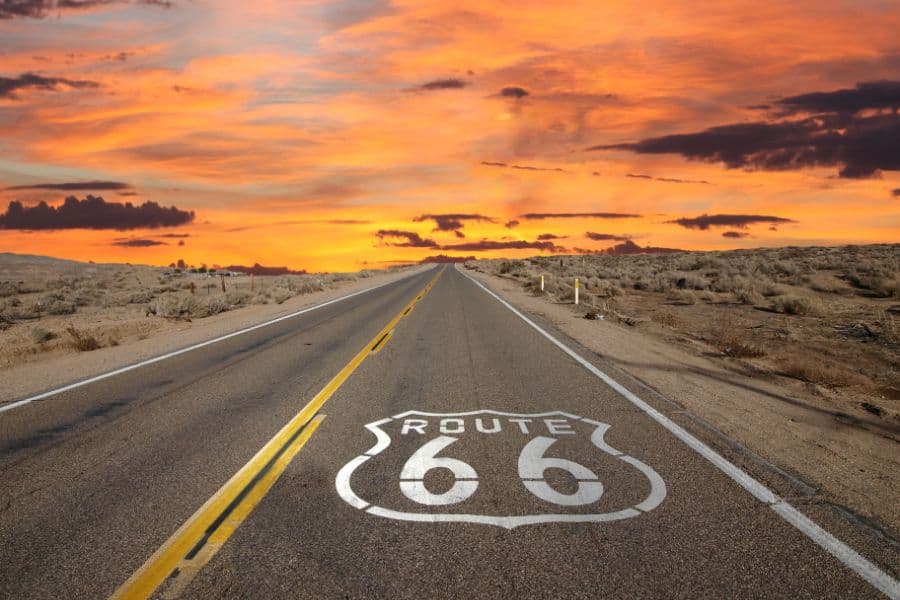 Route 66 Pavement Sign Sunrise Mojave Desert