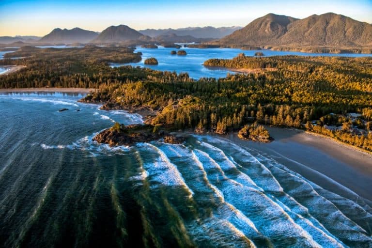 aerial view of Cox Bay Tofino Vancouver Island BC