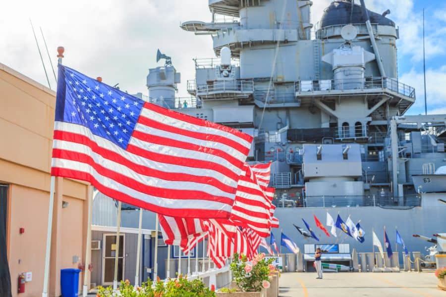 American flags at Missouri Battleship Memorial in Pearl Harbor Honolulu Hawaii