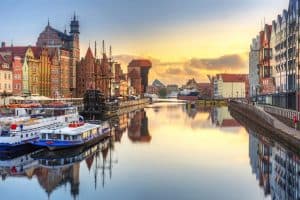 Beautiful sunrise over Motlawa river in Gdansk Poland