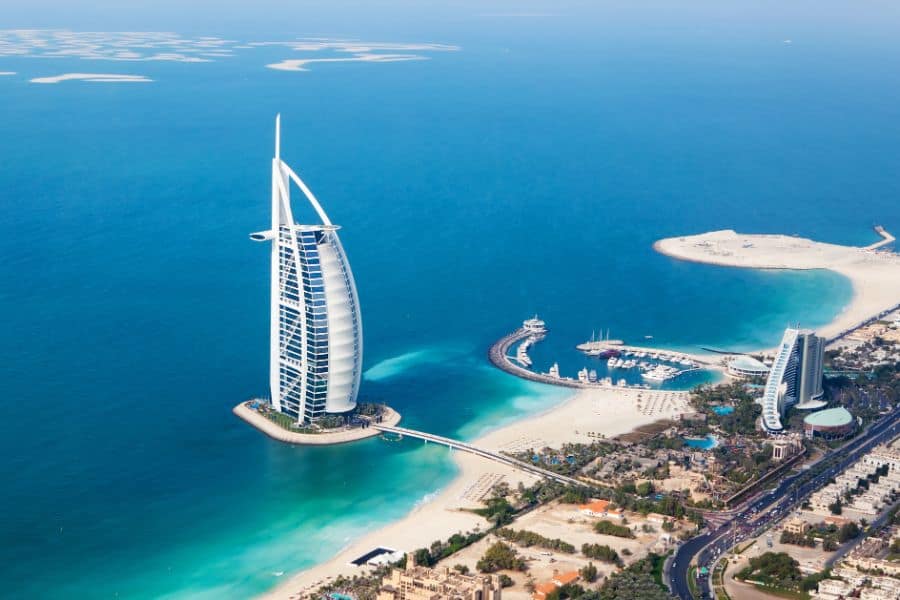 Dubai UAE Burj Al Arab from helicopter view