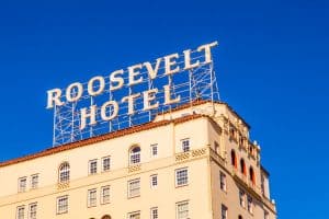 Facade of famous historic Roosevelt Hotel los angeles