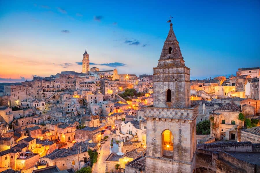 Matera Italy Cityscape image of medieval city of Matera Italy during beautiful sunrise