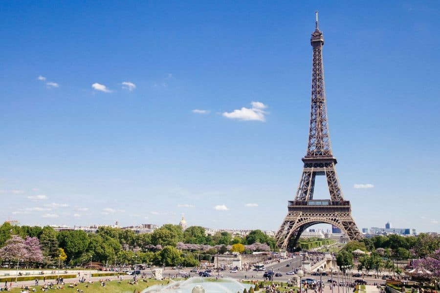 view of eiffel tower in paris on a clear sunny day sp