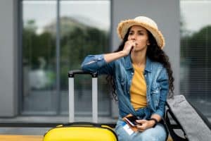 worried traveler with yellow carry on luggage