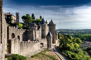 Ancient Fortress Of Medieval City Carcassonne In Occitania France