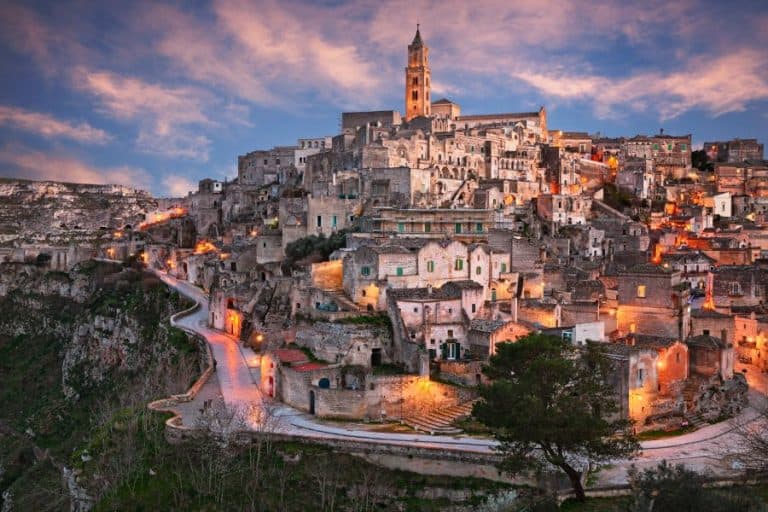 Matera Basilicata Italy landscape at sunset of the picturesque old town called Sassi