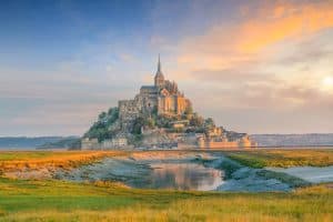 Mont Saint Michel at sunset twilight in Normandy northern France